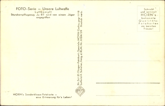 Postcard Deutsche Luftwaffe, dive bomber Ju 87, Stuka, Junkers combat aircraft, II. WW