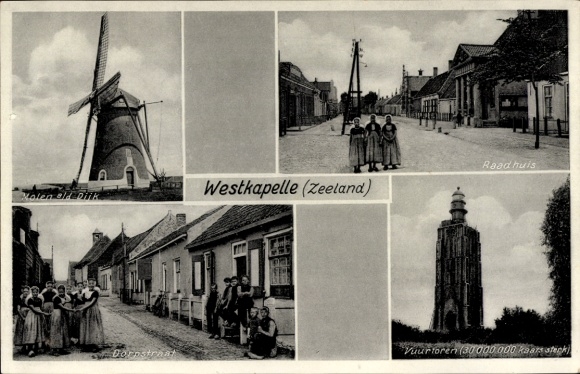 Postcard Westkapelle Walcheren Zeeland, mill, town hall, lighthouse, traditional costumes