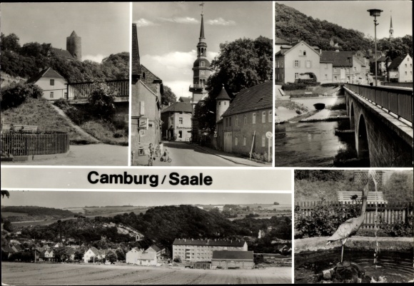 Ak Camburg an der Saale Thüringen, Brücke, Kirche, Brunnen, Totalansicht, Teilansicht