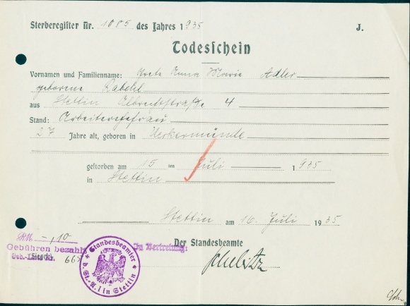 Todesschein, Greta Marie Adler, 27 Jahre alt, gestorben 15. Juli 1935, Stettin