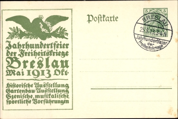 Briefpapier ansichtkaart Wrocław Breslau Silezië, eeuwfeest 1913, bevrijdingsoorlogen