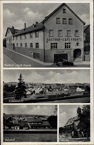 Postcard Koeditz in Upper Franconia, Gasthof Cafe Krantz, train station, church, total view