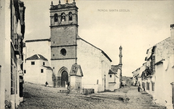 Postcard Ronda Andalusia Spain, Church of Santa Cecilia, architecture, stony road