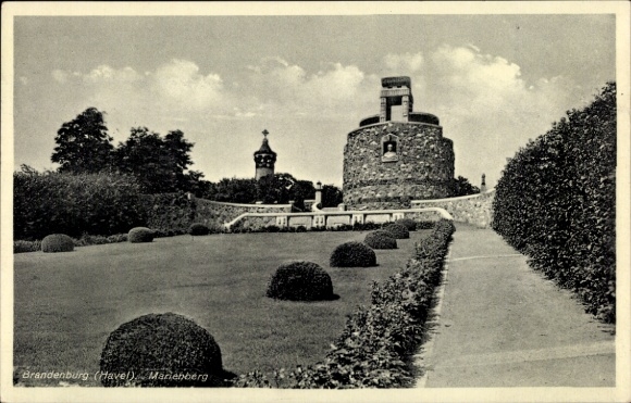 Postcard Brandenburg an der Havel, Marienberg, round stone tower, park landscape
