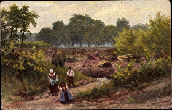 Kunstenaarskaart Gerstenhauer, Johann Georg, Nederlands motief, heidelandschap, klederdracht