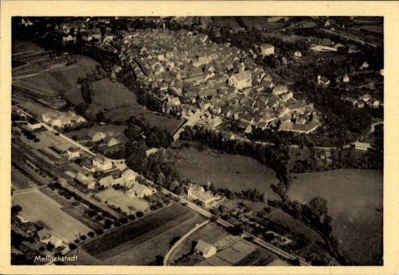 Postcard Mellrichstadt in Lower Franconia, aerial photograph, city view, houses, fields, forest, landscape