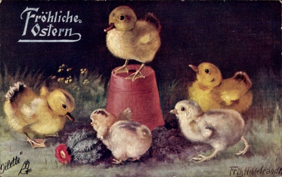 Kunstenaarskaart Hildebrandt, F., gefeliciteerd Pasen, kuiken, bloempot, cactus