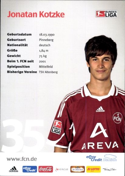 Autograph card footballer Jonatan Kotzke and Mercedes, 1. FC Nuremberg, autograph