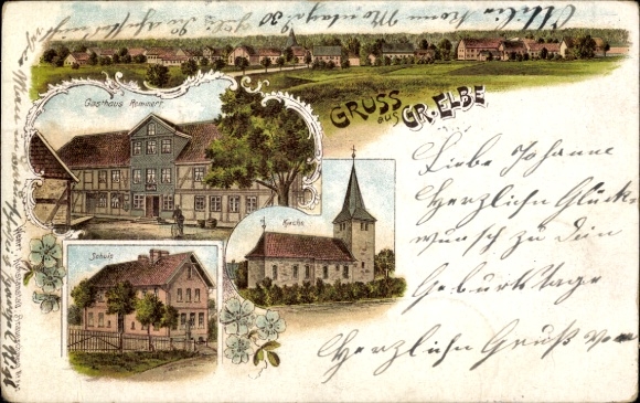 Litho Groß Elbe in Niedersachsen, Schule, Kirche, Gasthaus Remmert, Totalansicht