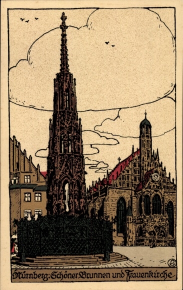 Steindruck Ak Nürnberg in Mittelfranken Bayern, Schöner Brunnen und Frauenkirche