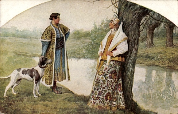 Artist Postcard Solomko, The Meeting, Russian Costumes