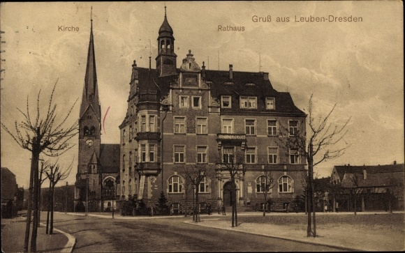 Ak Dresden Leuben, kerk, gemeentehuis