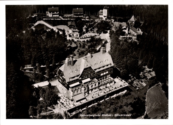 Postcard Bad Wildbad in the Black Forest, aerial view of the Sommerberghotel, forest and architecture, 750 m altitude