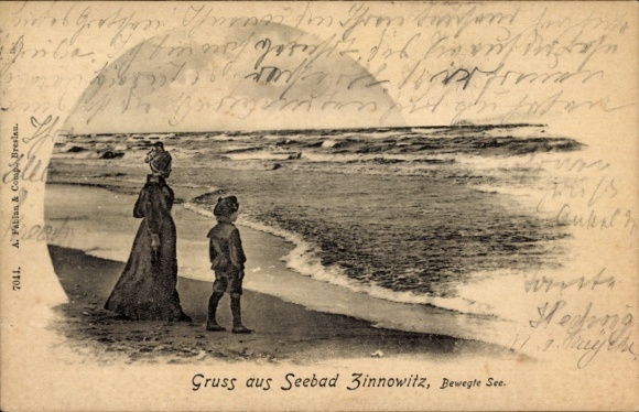 Postcard Ostseebad Zinnowitz on Usedom, boy and woman on the beach, sea view, wave movement, ntext