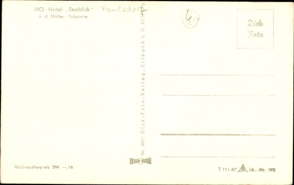 Postcard Paulsdorf Dippoldiswalde in the Eastern Ore Mountains, HO Hotel Seeblick at the Malter dam
