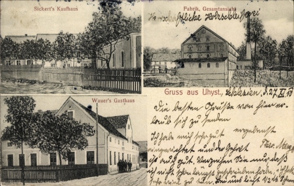 Postcard Uhyst an der Spree Boxberg Oberlausitz, Sickerts department store, factory, Wauers guesthouse