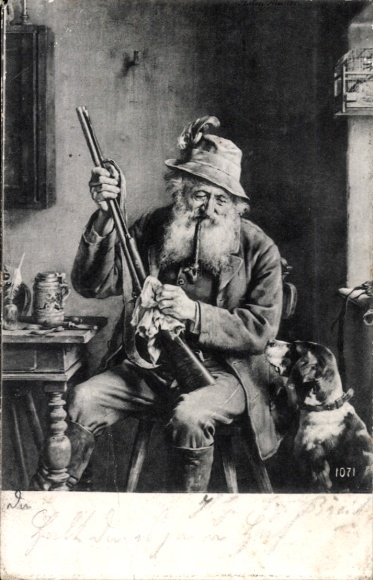 Postcard hunter cleans his rifle, hunting dog, pipe