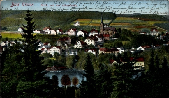 Postcard Bad Elster, view from the Alberthöhe, church, houses