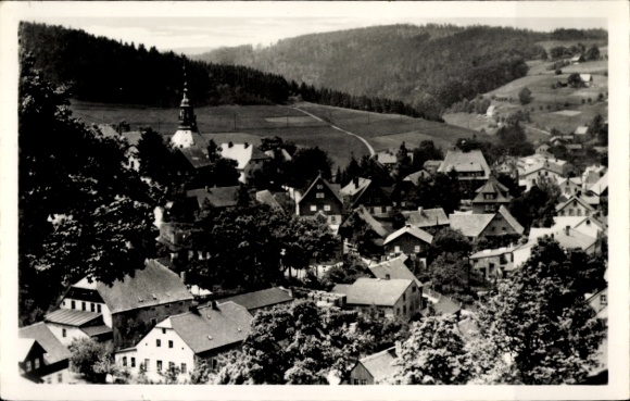 Ak Seiffen im Erzgebirge, Ansicht von Spielzeugdorf, Häuser, Kirche, Natur, schwarz-weiß