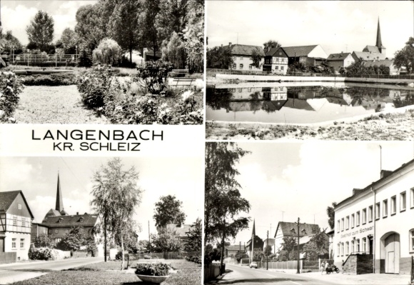 Ak Langenbach Pausa Mühltroff in Vogtland Saksen, Gasthof zum Schwan, vijver, straatgebied