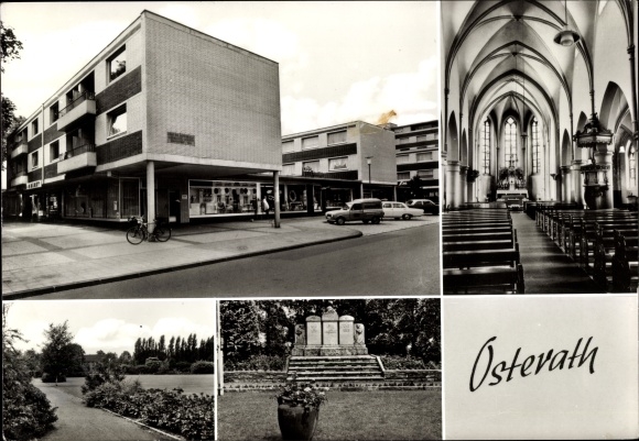 Postcard Osterath Meerbusch on the Lower Rhine, church, monument, park, residential buildings, shops