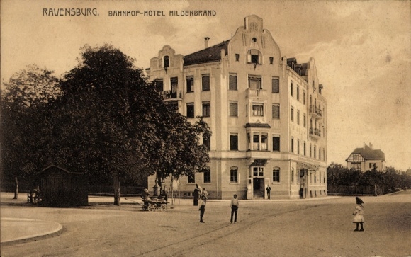 Ak Ravensburg in Württemberg Oberschwaben, Bahnhof-Hotel Hildenbrand