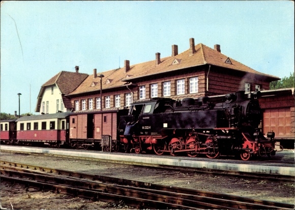 Postcard Baltic resort Kühlungsborn, train station, German locomotive, baths railway