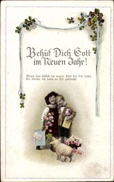 Happy New Year, God bless you, children, pig, clovers, horseshoe