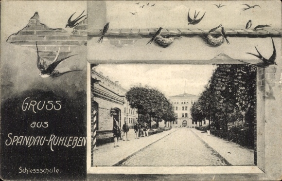 Passepartout Postcard Berlin Spandau Ruhleben, German soldiers, swallows