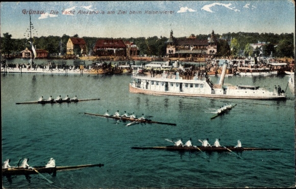Ak Berlin Köpenick Grünau, Yacht Alexandria am Ziel beim Kaiservierer