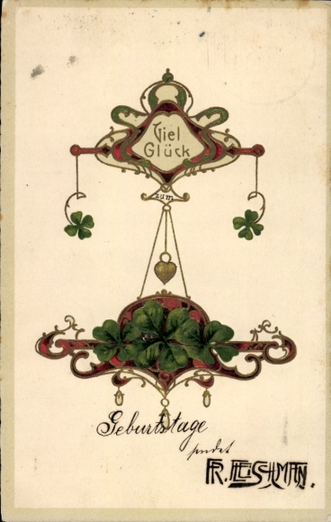 Artist Postcard Fleischmann, Fr., Birthday greetings, clover leaves