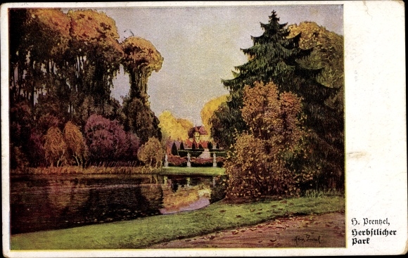 KP artysty Prentzel, Hans, jesienny park, wodna promenada