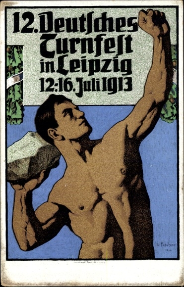 Artist Postcard Treiber, H., 12th German Gymnastics Festival in Leipzig 1913, Man throwing stone