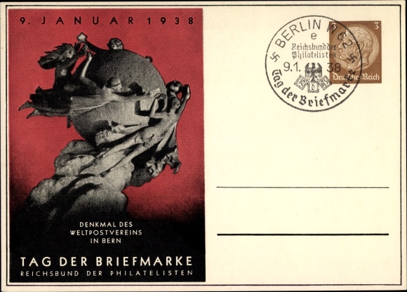 Ganzsachen Ak Tag der Briefmarke, Januar 1938, Denkmal des Weltpostvereins