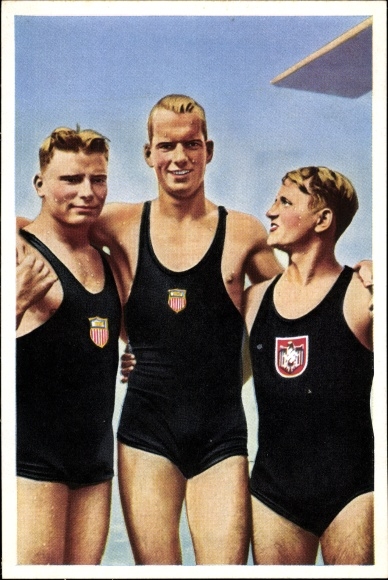 Sammelbild Olympia 1936, Serie 24 Bild 5, Turmspringer Wayne, Root, Stork, Franck-Kaffee