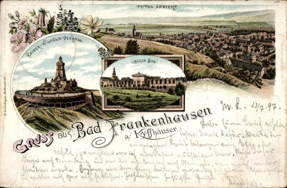 Litho Bad Frankenhausen am Kyffhäuser Thüringen, Gesamtansicht, Kaiser Wilhelm Denkmal