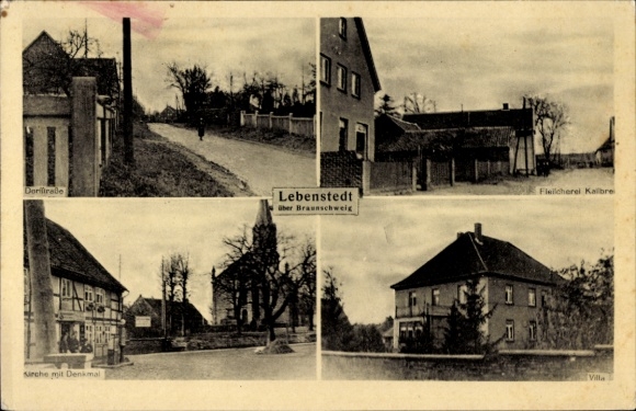 Postcard Lebenstedt Salzgitter in Lower Saxony, church, monument, butcher's shop Kallbrei, villa, village street