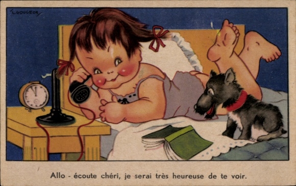 Ak Mädchen beim Telefonieren, Bett, Hund, Buch, Wecker