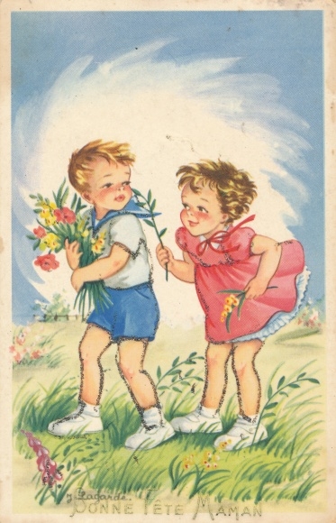 Artysta KP Lagarde, Bonne Fete Maman, Dzień Matki, Chłopiec i Dziewczyna Z Kwiatami