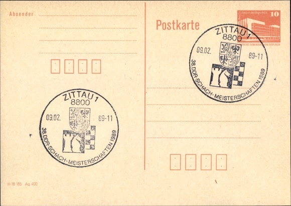 KP pocztówkowa szachy, znaczek: Zittau, 38. mistrzostwa NRD w szachach, 1989