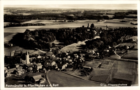 Postcard Postmünster in Lower Bavaria, aerial view of Postmünster, rural surroundings, small houses,