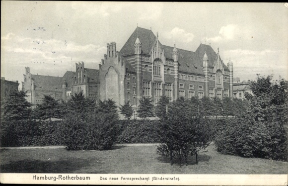 Postcard Hamburg Eimsbüttel Rotherbaum, new telephone exchange, Binderstraße