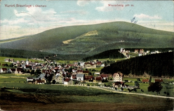Postcard Braunlage in the Upper Harz, spa town Wurmberg 968 m, picturesque landscape, many buildings