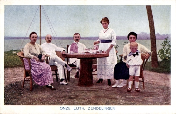 Postcard Indonesia, Lutheran Mission, group photo at the table