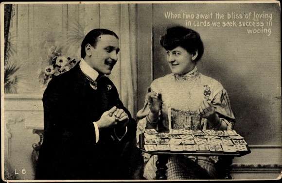 Postcard When two await the bliss of Loving, woman reads man the cards, fortune teller