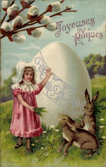 Ak Glückwunsch Ostern, Mädchen, Osterhasen, Osterei