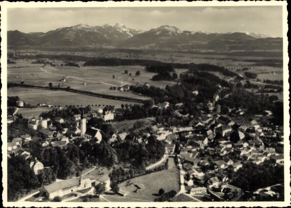 Postcard Bad Aibling in Upper Bavaria, landscape shot, mountains in the background, village view, fd Flugze