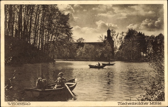 Postcard Tüschenbroich Wegberg Kreis Heinsberg, Tüschenbroicher Mühle, view over the lake, rowing boats