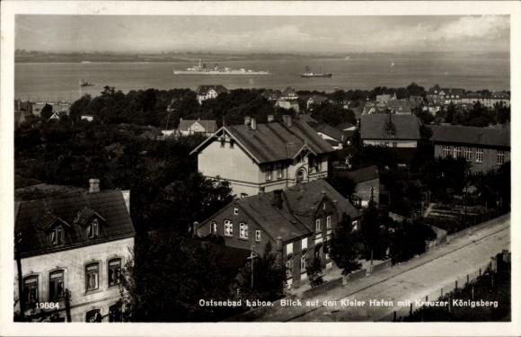Postcard Baltic Sea resort Laboe, Kiel harbor, cruiser Königsberg