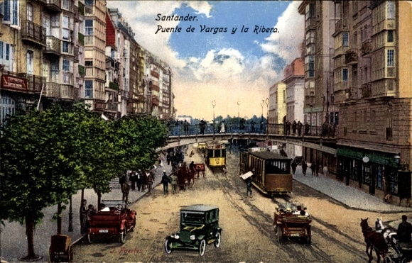 Postcard Santander Cantabria Spain, Puente de Vargas and the Ribera, tram